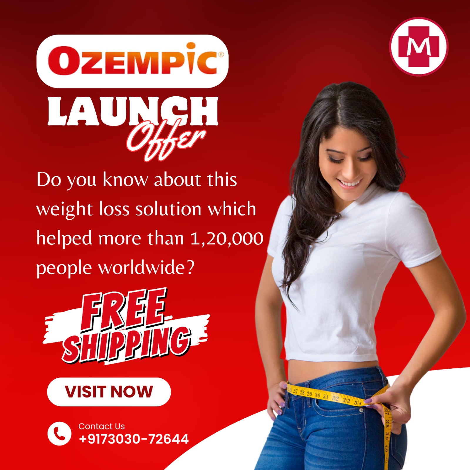 Ozempic launch offer with free shipping, featuring a smiling woman measuring her waist, promoting a weight loss solution that has helped over 120,000 people worldwide.